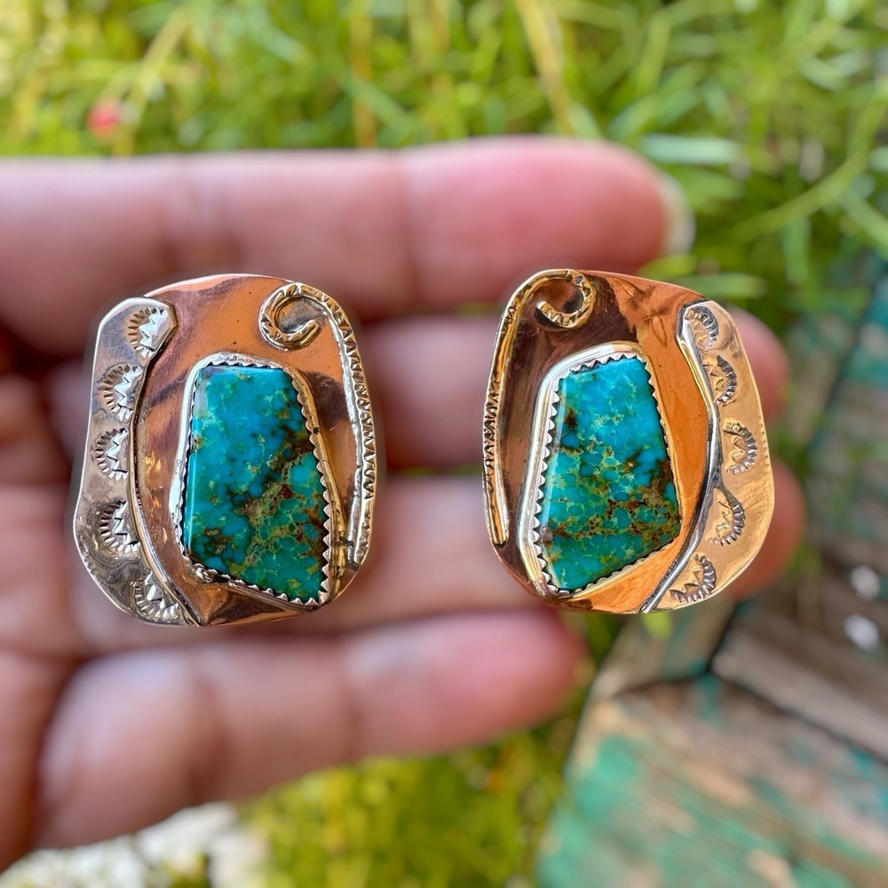 VTG Artisan Clip Earrings 1.3 Inch Birdseye Turquoise Copper 925 Sterling 13.0g